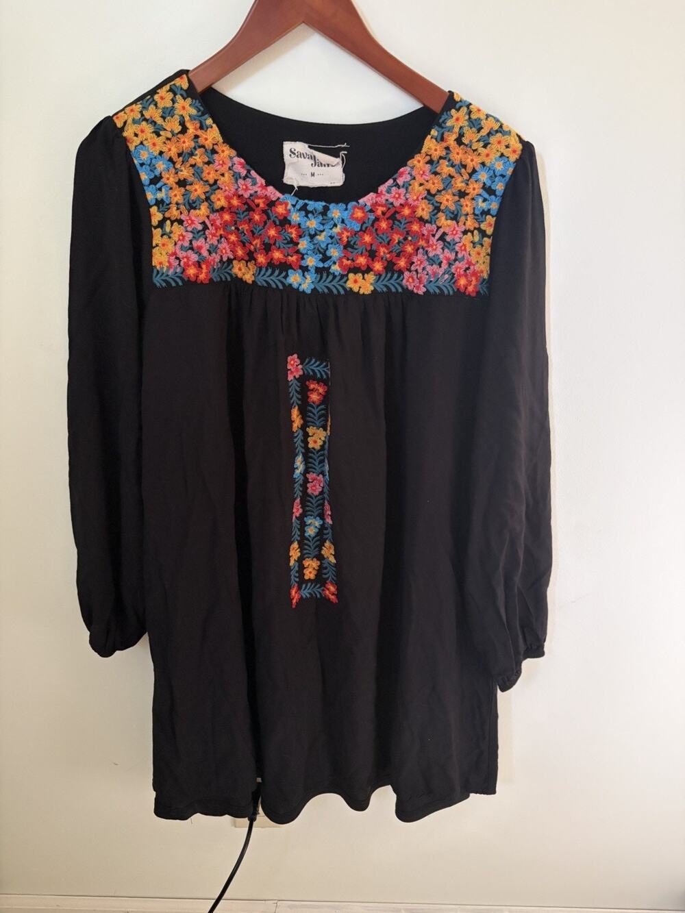 Savanna Jane Dress Womens Size M Black Embroidered Flowy Lined Boho Festival